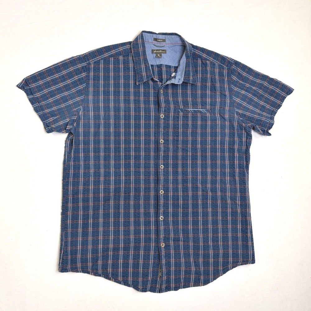 Eddie Bauer Mens TXL Blue Plaid Short Sleeve Button Down Shirt Classic Fit